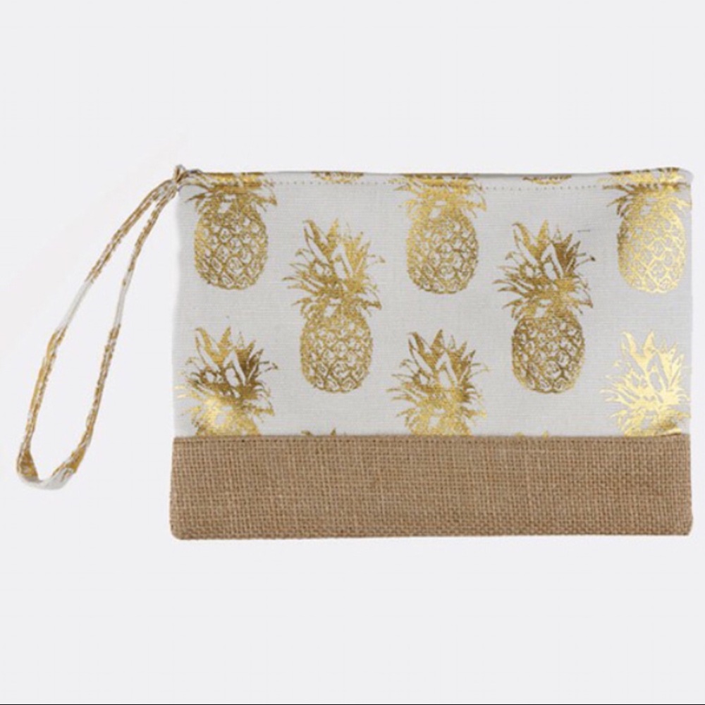 Tropical Pineapple Print Zippered Wristlet- White
